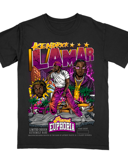 Kendrick Lamar Limited edition black t-shirt with hand-drawn artwork featuring hip-hop theme, made by Planet Euphoria, front view.