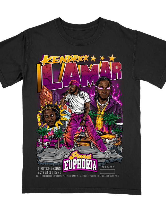 Kendrick Lamar Limited edition black t-shirt with hand-drawn artwork featuring hip-hop theme, made by Planet Euphoria, front view.