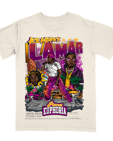 Kendrick Lamar Limited edition off-white t-shirt with hand-drawn artwork featuring hip-hop theme, made by Planet Euphoria, front view.