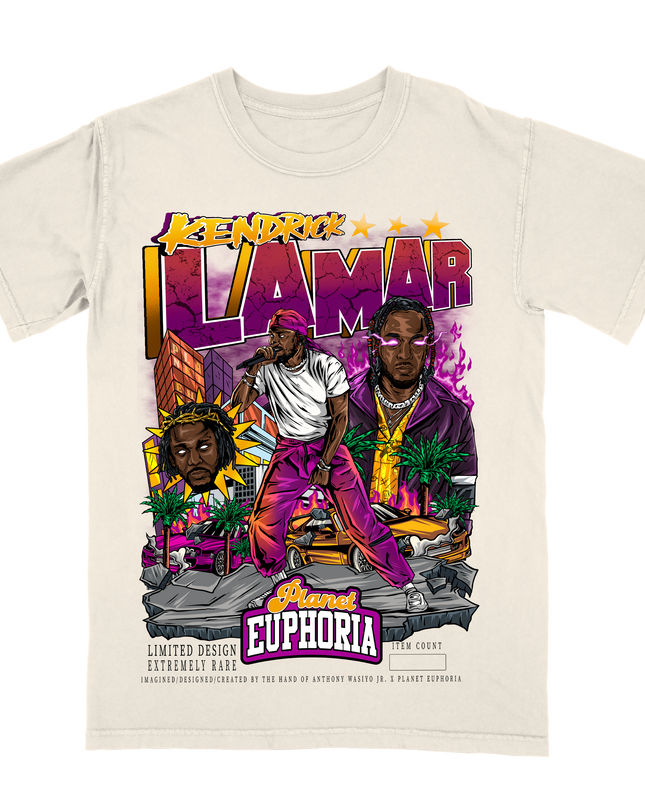 Kendrick Lamar Limited edition off-white t-shirt with hand-drawn artwork featuring hip-hop theme, made by Planet Euphoria, front view.