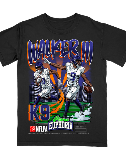 Kenneth Walker III Seattle NFL player graphic tee by Planet Euphoria in black, front view.
