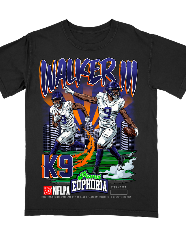 Kenneth Walker III Seattle NFL player graphic tee by Planet Euphoria in black, front view.