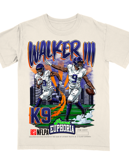 Kenneth Walker III Seattle NFL player graphic tee by Planet Euphoria in off-white, front view.