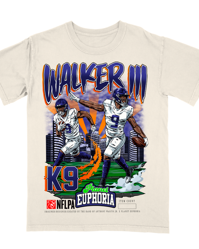 Kenneth Walker III Seattle NFL player graphic tee by Planet Euphoria in off-white, front view.