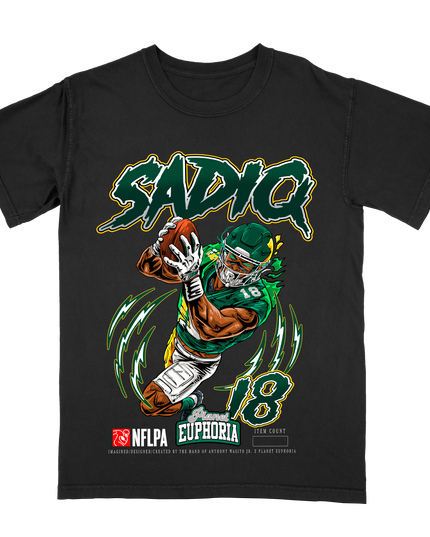Kenyon Sadiq New York Jets football graphic t-shirt from Planet Euphoria, black shirt, front view