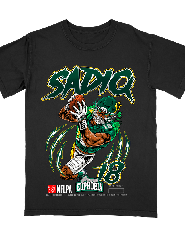 Kenyon Sadiq New York Jets football graphic t-shirt from Planet Euphoria, black shirt, front view