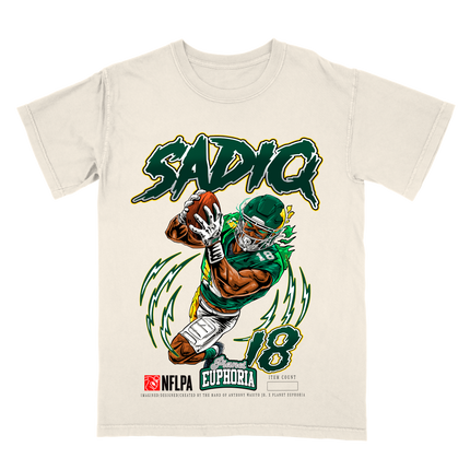 Kenyon Sadiq New York Jets football graphic t-shirt from Planet Euphoria, off-white shirt, front view