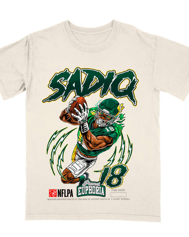 Kenyon Sadiq New York Jets football graphic t-shirt from Planet Euphoria, off-white shirt, front view