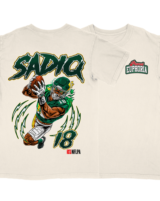 Kenyon Sadiq NFL Player graphic tee by Planet Euphoria in off-white, front and back view.