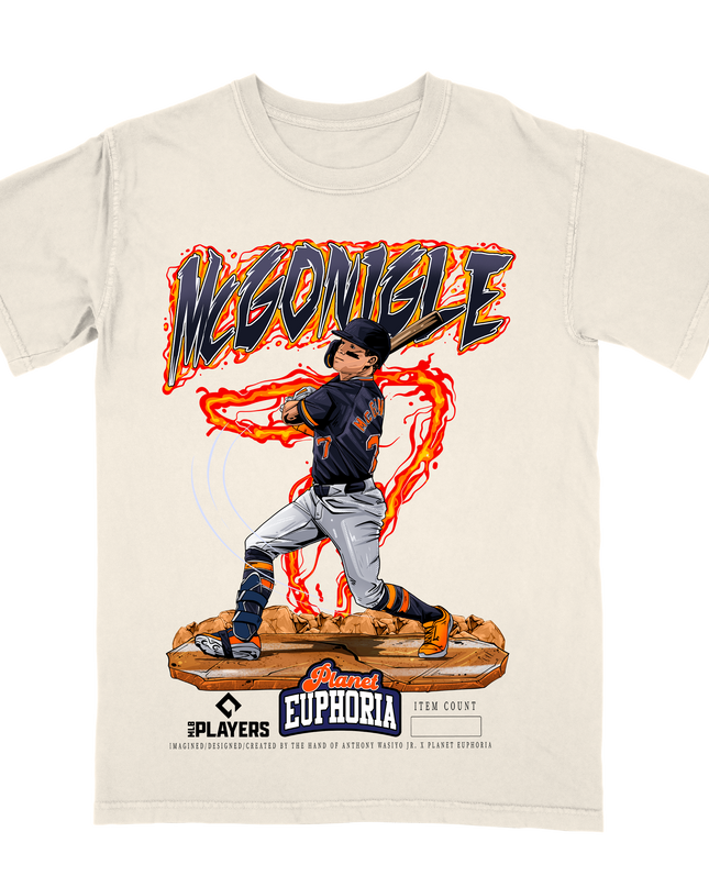 Kevin McGonigle Tigers graphic tee by Planet Euphoria in off-white, front view.