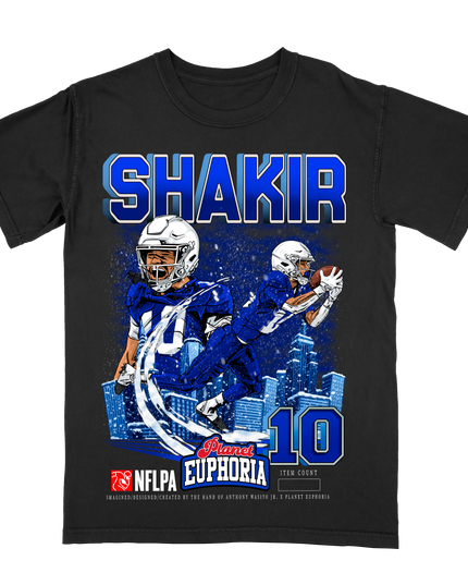Khalil Shakir NFL Player graphic tee by Planet Euphoria in black, front view.