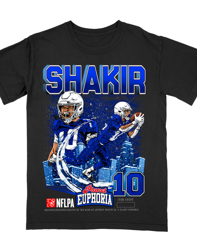 Khalil Shakir NFL Player graphic tee by Planet Euphoria in black, front view.