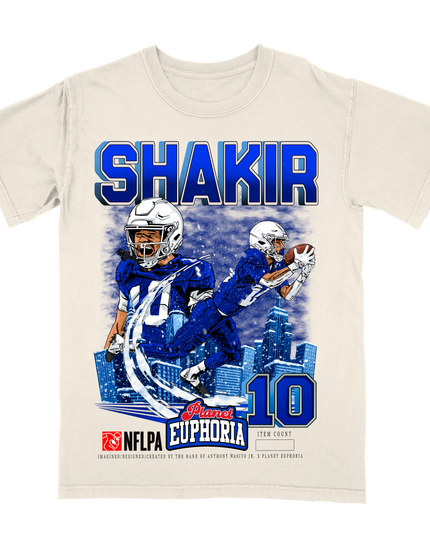 Khalil Shakir NFL Player graphic tee by Planet Euphoria in off-white, front view.