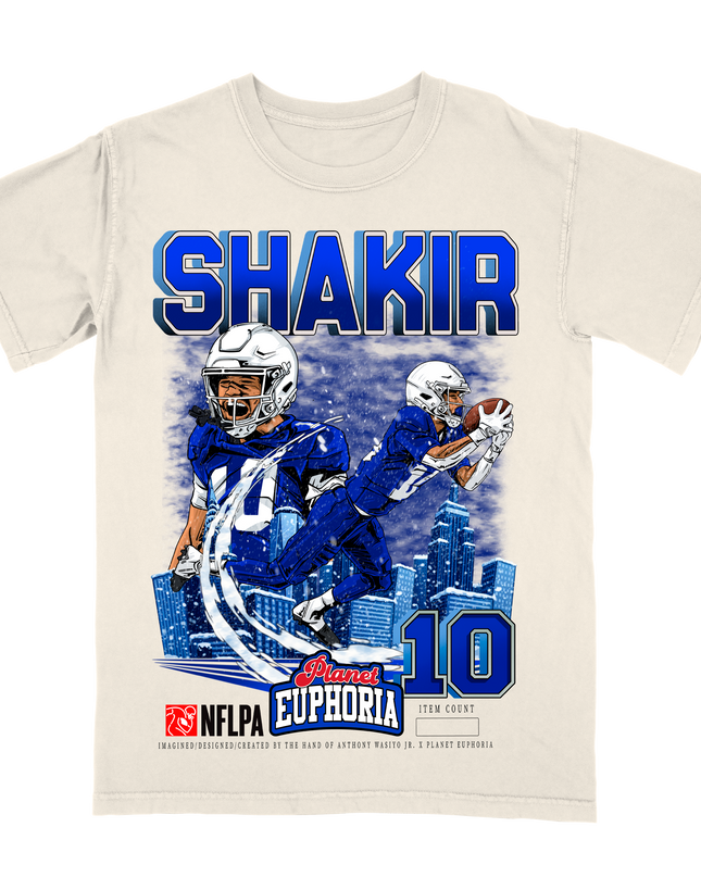 Khalil Shakir NFL Player graphic tee by Planet Euphoria in off-white, front view.