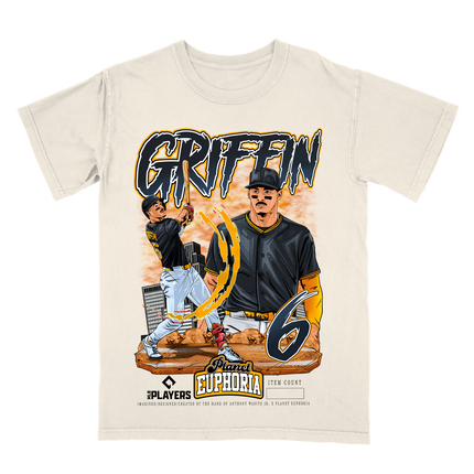 Konnor Griffin action graphic tee by Planet Euphoria in off-white, front view.