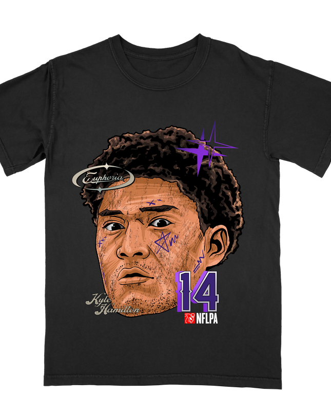 Kyle Hamilton Fat Head NFLPA graphic tee by Planet Euphoria in black, front view.