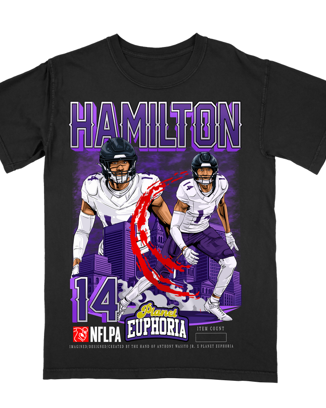 Kyle Hamilton Baltimore Ravens NFL player graphic tee by Planet Euphoria in black, front view.