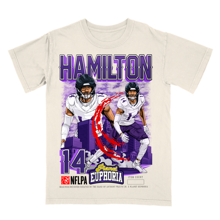 Kyle Hamilton Baltimore Ravens NFL player graphic tee by Planet Euphoria in off-white, front view.