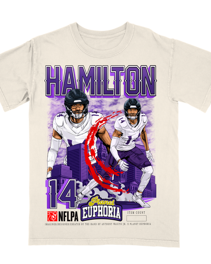 Kyle Hamilton Baltimore Ravens NFL player graphic tee by Planet Euphoria in off-white, front view.