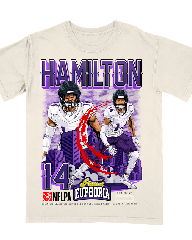 Kyle Hamilton Baltimore Ravens NFL player graphic tee by Planet Euphoria in off-white, front view.