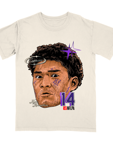 Kyle Hamilton NFLPA Fat Head graphic tee by Planet Euphoria in off-white, front view.