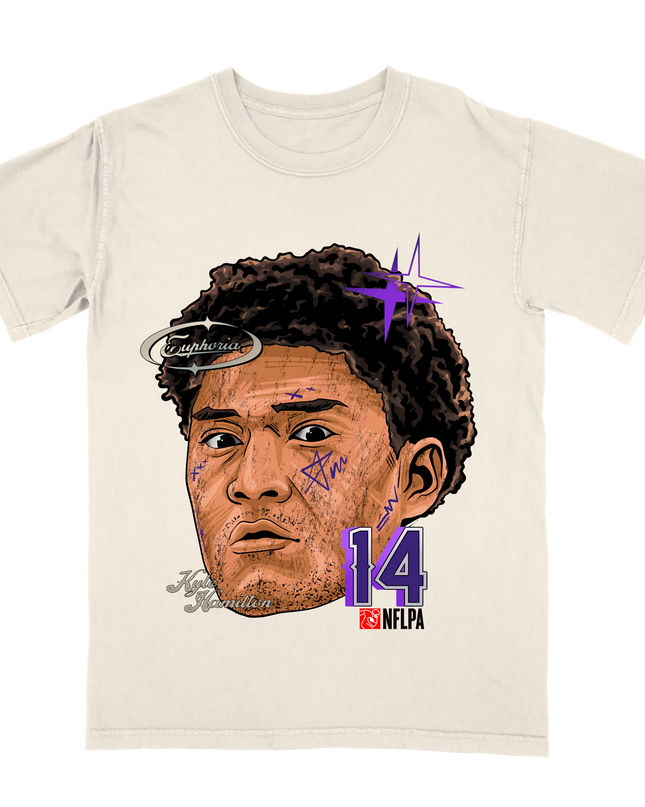 Kyle Hamilton NFLPA Fat Head graphic tee by Planet Euphoria in off-white, front view.