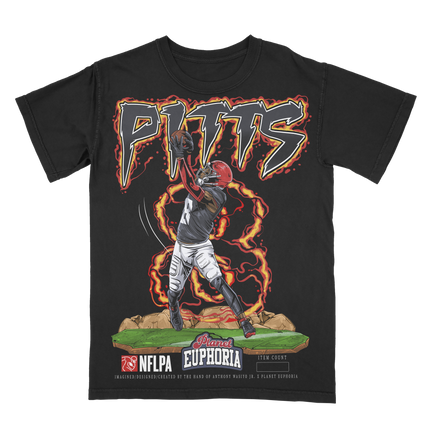 Kyle Pitts Atlanta football graphic t-shirt from Planet Euphoria, black shirt, front view