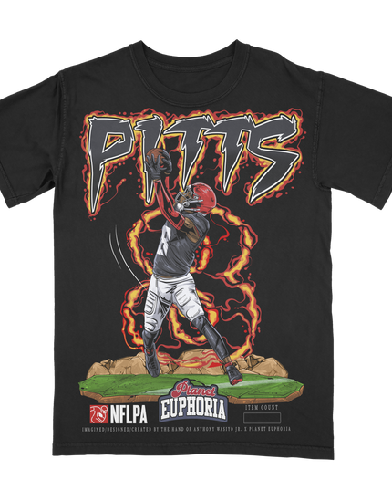 Kyle Pitts Atlanta football graphic t-shirt from Planet Euphoria, black shirt, front view