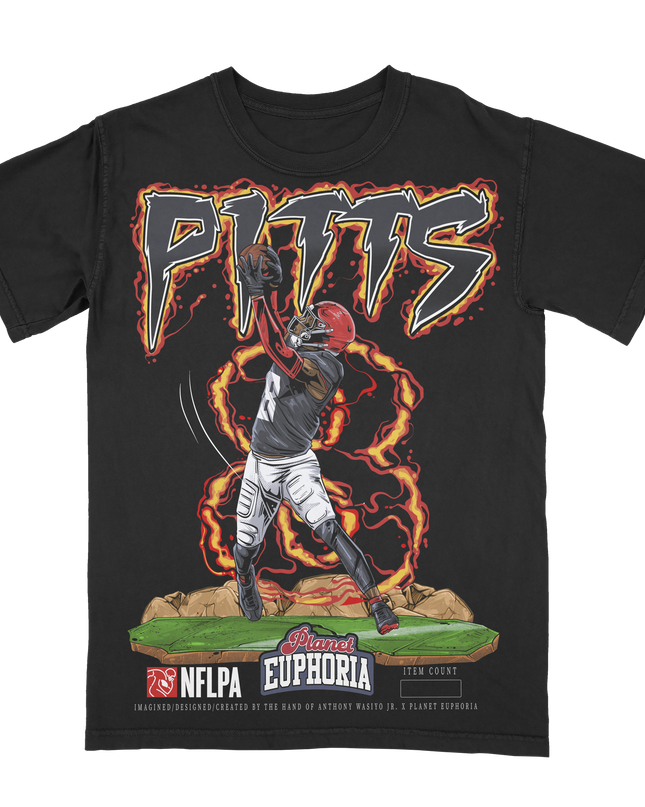 Planet Euphoria Kyle Pitts football graphic tee in black, front view.