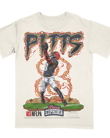 Kyle Pitts Atlanta football graphic t-shirt from Planet Euphoria, off-white shirt, front view