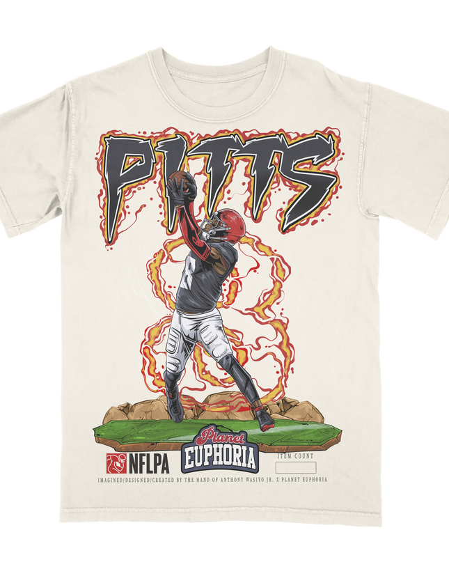 Planet Euphoria Kyle Pitts football graphic tee in off-white, front view.