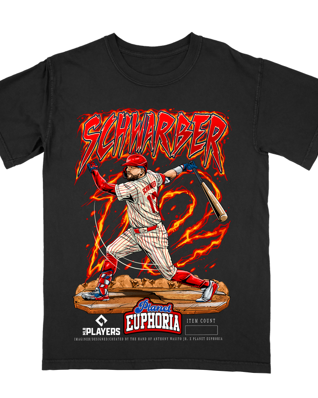 Kyle Schwarber Phillies #12 graphic tee by Planet Euphoria in black, front view.