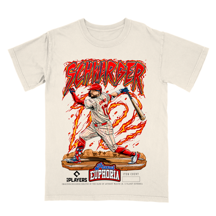 Kyle Schwarber swinging action graphic tee by Planet Euphoria in off-white, front view.