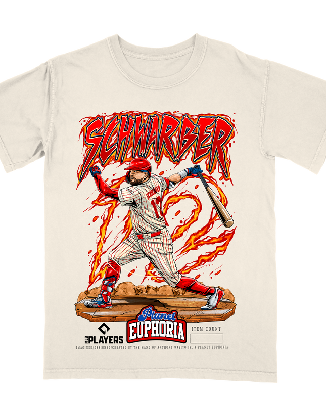 Kyle Schwarber swinging action graphic tee by Planet Euphoria in off-white, front view.