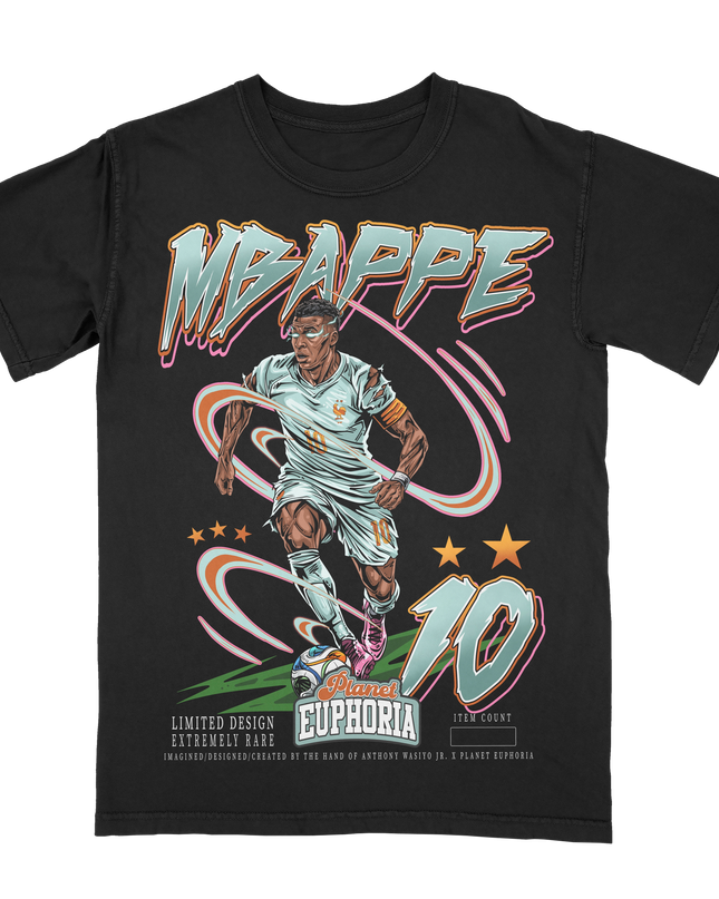 Kylian Mbappé French World Cup soccer player graphic t-shirt by Planet Euphoria in black, front view.