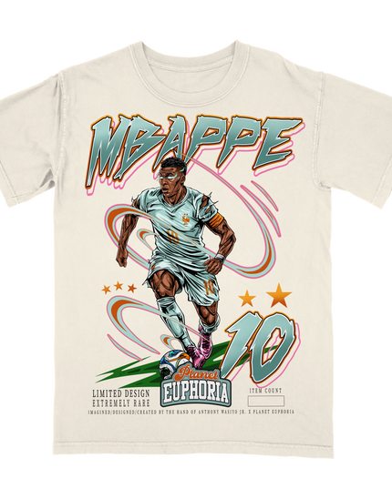 Kylian Mbappé French World Cup soccer player graphic t-shirt by Planet Euphoria in off-white, front view.