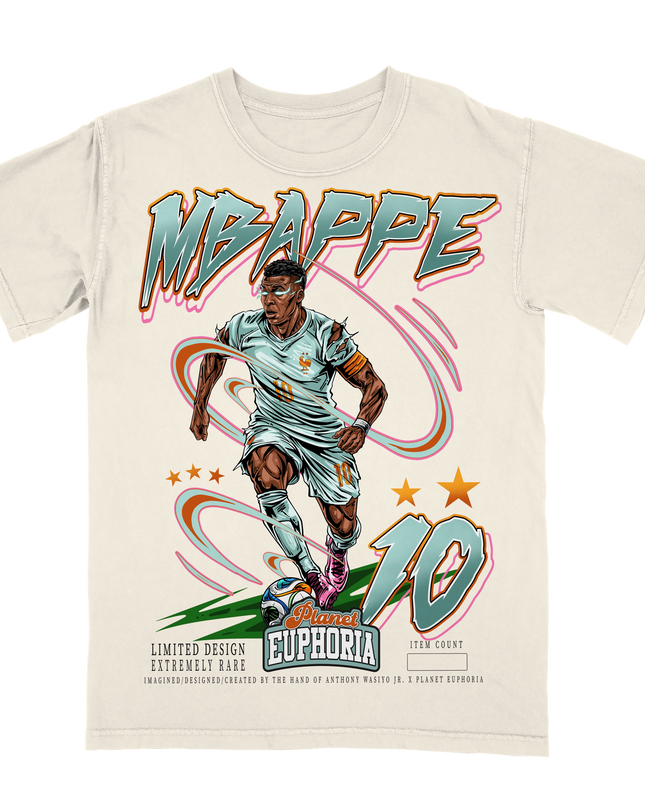 Kylian Mbappé French World Cup soccer player graphic t-shirt by Planet Euphoria in off-white, front view.