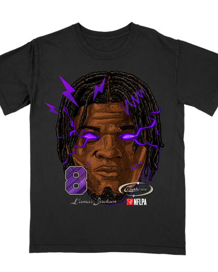 Lamar Jackson 8 Baltimore NFL player Fat Head t-shirt by Planet Euphoria in black, front view.