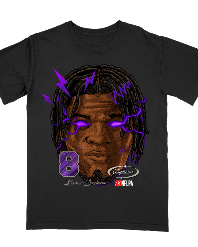 Lamar Jackson 8 Baltimore NFL player Fat Head t-shirt by Planet Euphoria in black, front view.
