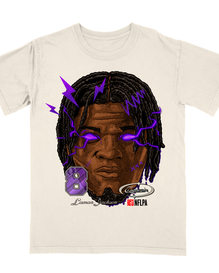 Lamar Jackson Fat Head Baltimore NFL player graphic tee by Planet Euphoria in off-white, front view.