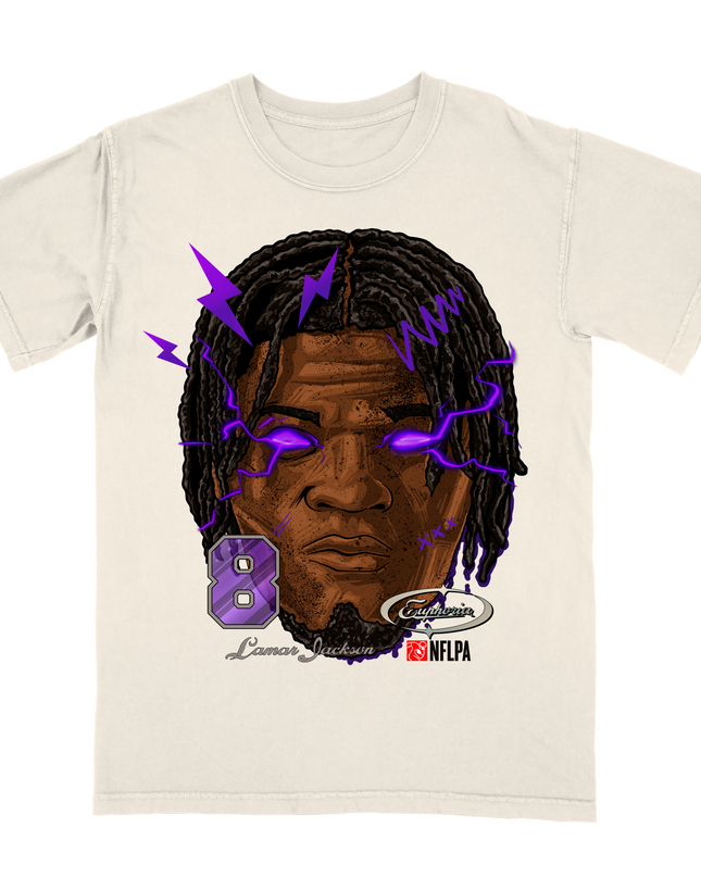 Lamar Jackson Fat Head Baltimore NFL player graphic tee by Planet Euphoria in off-white, front view.