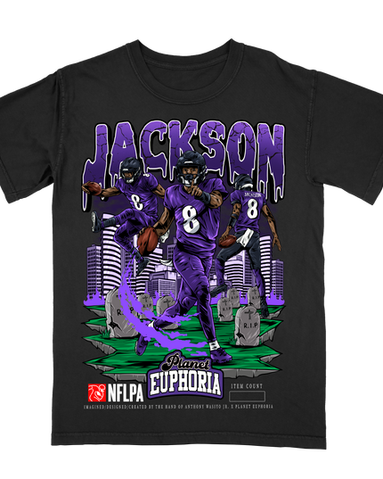 Lamar Jackson Baltimore QB1 NFL Player graphic tee by Planet Euphoria in black, front view.