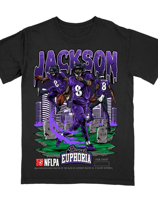 Lamar Jackson Baltimore QB1 NFL Player graphic tee by Planet Euphoria in black, front view.