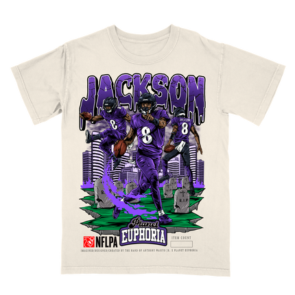Lamar Jackson Baltimore NFLPA graphic tee by Planet Euphoria in off-white, front view.