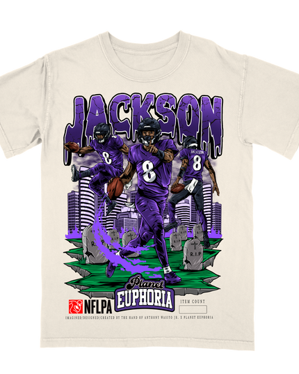 Lamar Jackson Baltimore NFLPA graphic tee by Planet Euphoria in off-white, front view.