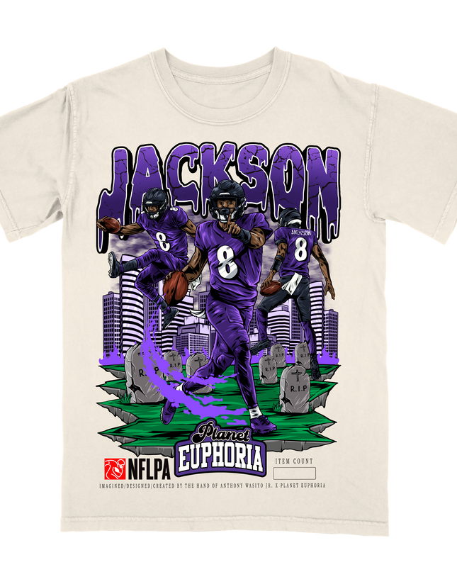 Lamar Jackson Baltimore NFLPA graphic tee by Planet Euphoria in off-white, front view.