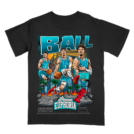 LaMelo Ball 'BALL' Charlotte basketball player graphic T-shirt by Planet Euphoria in black, front view.