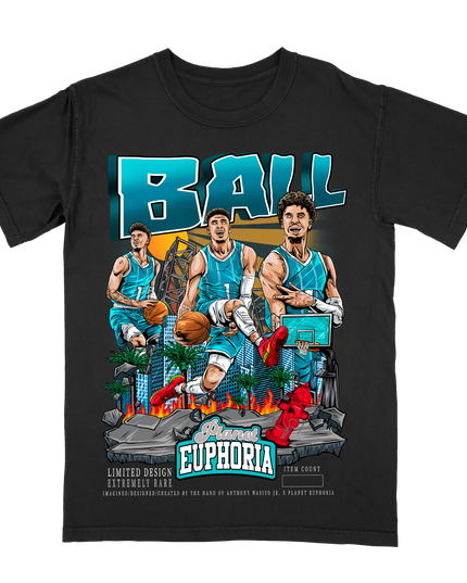 LaMelo Ball 'BALL' Charlotte basketball player graphic T-shirt by Planet Euphoria in black, front view.