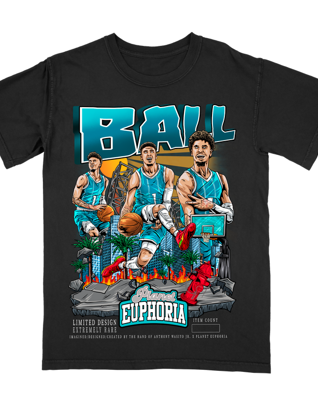 LaMelo Ball 'BALL' Charlotte basketball player graphic T-shirt by Planet Euphoria in black, front view.