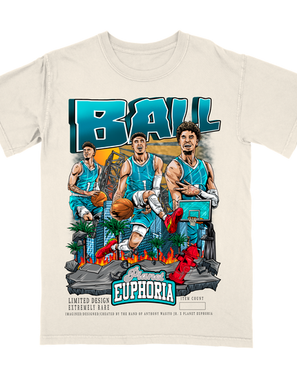 LaMelo Ball 'BALL' Charlotte basketball player graphic T-shirt by Planet Euphoria in off-white, front view.
